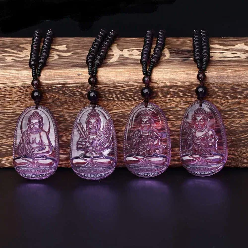 Vista 4 de Elhpbwhty Colgante de amatista natural con signo del zodiaco de la piedra de nacimiento Bodhisattva Amuleto talismán con cadena de cuentas
