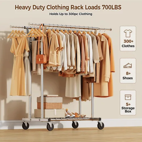 Vista 2 de HYSEYY Perchero de ropa resistente, perchero con ruedas para colgar ropa con estantes, carga de 700 libras, armario portátil con ruedas