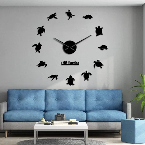 Vista 6 de The Geeky Days I Love Turtles DIY Sticker Wall Art - Reloj de pared gigante decorativo, silueta de tortugas marinas, decoración de playa, animales