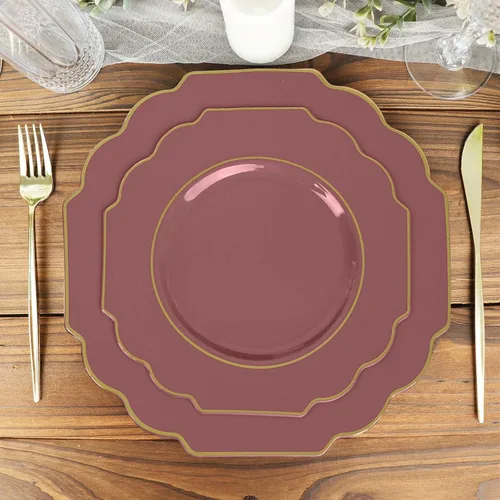 Vista 7 de Efavormart - Paquete de 10 platos de postre de plástico color rosa canela de 8 pulgadas, con borde dorado barroco, platos de ensalada desechables
