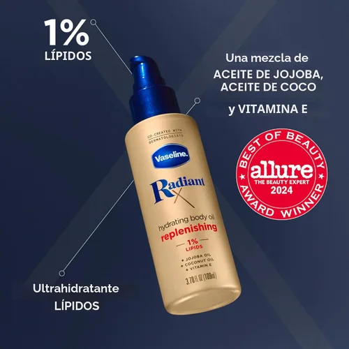 Vista 4 de Vaseline Radiant X - Aceite corporal reabastecedor e hidratante con 1% de lípidos, aceite de jojoba, aceite de coco y vitamina E, 3.7 onzas