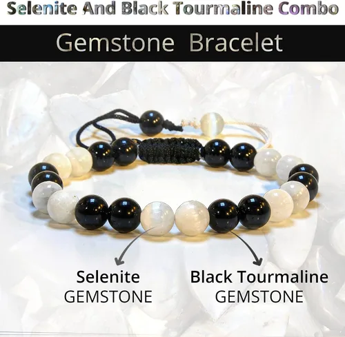 Vista 2 de Pulsera de turmalina negra de selenita auténtica, pulsera de cristal curativo natural para mujeres y hombres, pulsera de cuentas redondas de 0.315