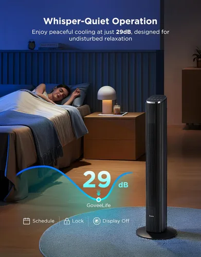 Vista 4 de GoveeLife Ventilador de torre negro para dormitorio, ventilador de piso inteligente de 36 pulgadas con control de aplicación/voz, sensor