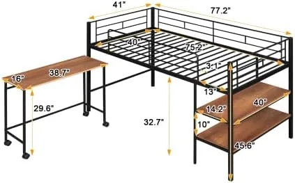 Vista 2 de anwickjeff Moderna cama baja tipo loft tamaño individual con escritorio y 2 estantes de almacenamiento para niños y adultos, marco de cama de metal