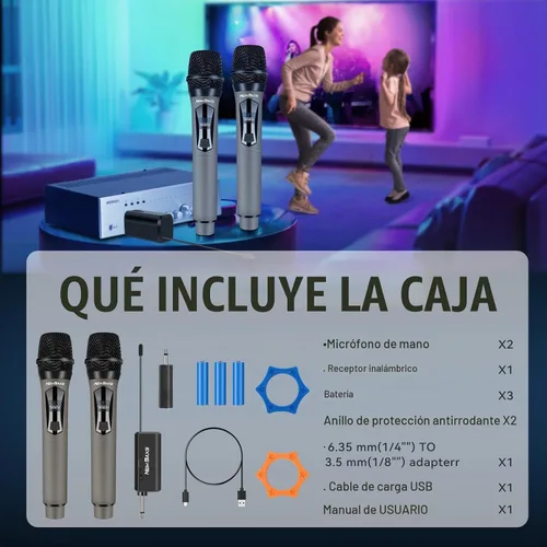 Vista 7 de NEW BAXS Micrófonos inalámbricos, sistema de micrófono dual de karaoke, Microfonos Inalambricos con receptor recargable, juego de micrófono dinámico