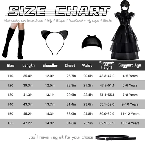 Vista 7 de keaiyouhuo Disfraz de Wednesday Addams para niñas, vestidos largos negros para niños, familia, cosplay, fiesta de Halloween, 4-14 años