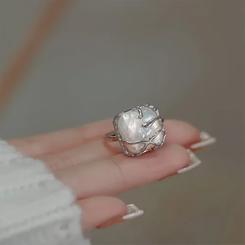 Vista 6 de HETICA Anillo de plata de ley 925 con perlas irregulares, anillo de plata de ley 925, anillo de declaración de moda adecuado para mujer, regalo