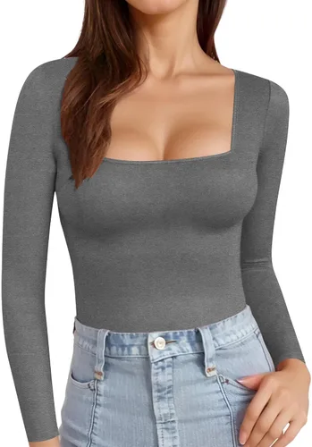 Vista 38 de MANGOPOP - Camisetas ajustadas de manga corta y manga larga con cuello cuadrado para mujer A01 Manga Corta Negro