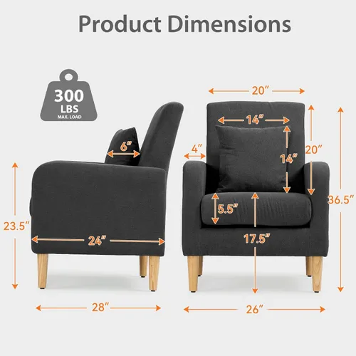 Vista 3 de OS MOTOR Sofá tapizado con almohada, sillón de tela con patas de madera, cómoda silla de descanso para sala de estar, dormitorio u oficina, soporta