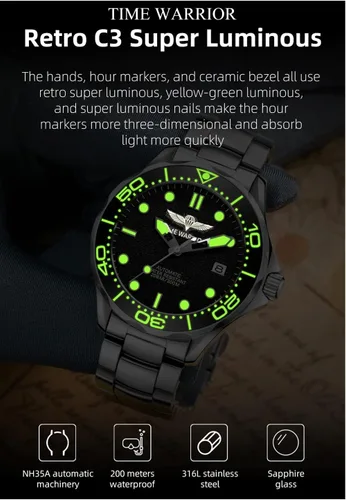 Vista 3 de Relojes para hombre NH35A automático buceo 42MM esfera negra texturizada 3D, reloj de acero inoxidable para hombre, Reloj de buceo