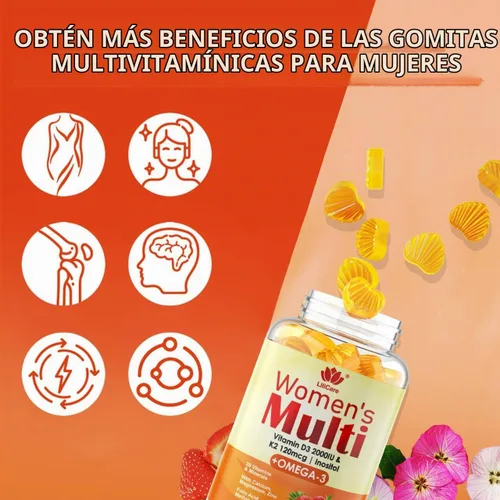 Vista 3 de Gomitas multivitamínicas para mujer Plus D3 K2, Omega-3, sin azúcar, 120 gomitas
