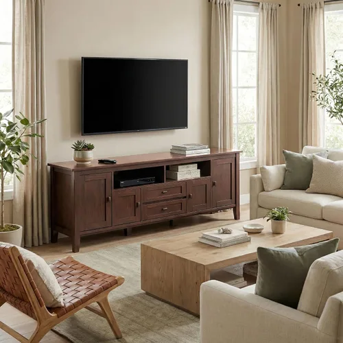 Vista 3 de SIMPLIHOME Warm Shaker - Soporte de TV de madera maciza de 72 pulgadas de Marrón rojizo