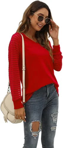 Vista 3 de WEESO Blusa de manga larga para mujer, estilo casual, cuello en V, holgada, a la moda, 2023