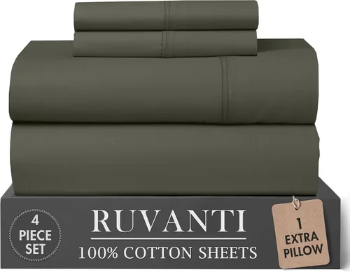 Vista 68 de RUVANTI Juego de sábanas de 4 piezas de algodón 100% natural de percal suave, ligero y transpirable, con bolsillos profundos de 16 pulgadas