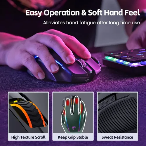 Vista 4 de RisoPhy Ratón inalámbrico para juegos, triple modo 2.4GUSB-CBluetooth hasta 10000DPI, retroiluminación Chroma RGB, mouse ergonómico con 8 botones