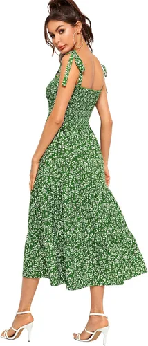 Vista 2 de SheIn - Vestido drapeado midi con tirantes sin mangas y estampado floral, con volantes, acampanado