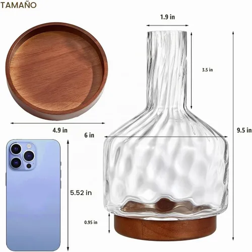 Vista 3 de Jarrón de vidrio para flores, jarrones de flores ondulados con base de madera, jarrón transparente de 10 pulgadas para flores de tallo largo o ramo