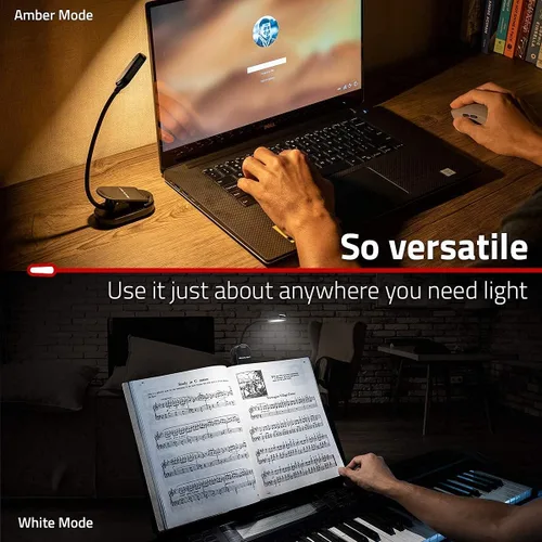 Vista 7 de GearLight Luz de libro recargable para leer en la cama – Lámpara LED con clip manos libres con 3 modos de luz, brillo ajustable, luz de lectura