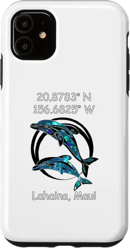 Vista 5 de Funda para iPhone 14 Longitud y Latitud de Lahaina Maui Tribal Dolphins
