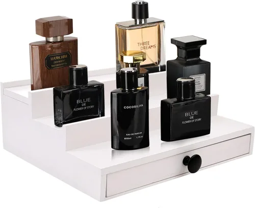 Vista 19 de 4 Tier Men's Cologne Organizer, Black Wooden Display Stand with Drawer Negro-4 niveles