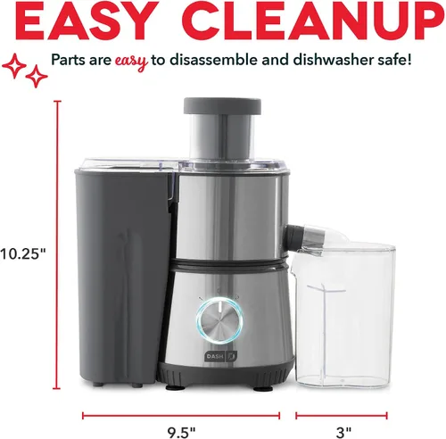 Vista 5 de Dash Exprimidor centrífugo, extractor eléctrico de jugo de 2 velocidades de 350 W para frutas y verduras, fácil de limpiar, máquina de exprimir Gris
