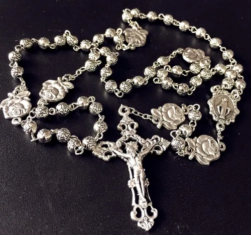 Vista 6 de elegantmedical Hecho a mano de plata rosa cuentas Católica 5 Décadas Rosario caso Cruz Caja de regalo Italia crucifijo cruz, Metal, No es una piedra