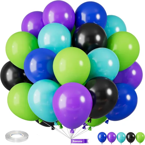Vista 19 de Globos azules y negros, globos de graduación de 12 pulgadas, globo de látex de confeti azul oscuro, negro, blanco, plateado metálico, para niños