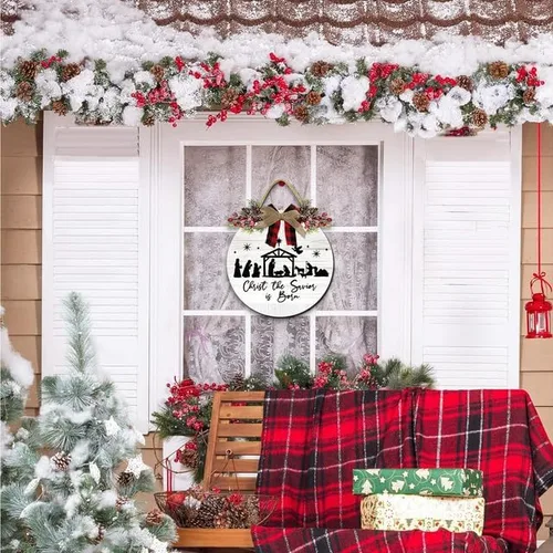 Vista 3 de Adorno de Navidad para colgar en la puerta, adornos de pesebre, Jesucristo el Salvador ha nacido, letrero de puerta delantera, decoración