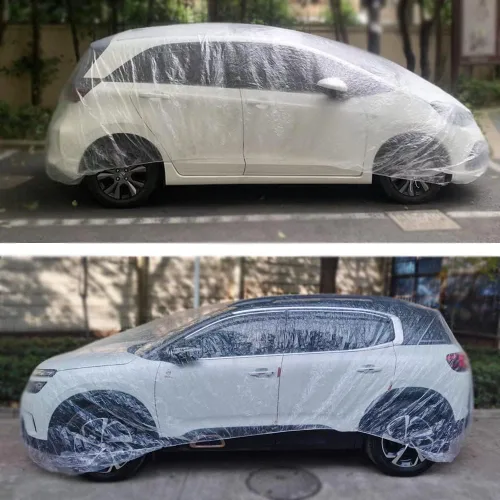 Vista 7 de LuliKa Paquete de 3 fundas desechables de plástico transparente para automóvil, cubierta universal de lluvia y polvo para garaje con banda elástica