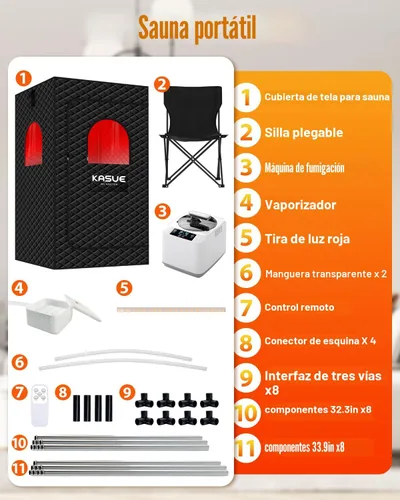 Vista 6 de KASUE Tienda de sauna de vapor portátil para el hogar, sauna infrarroja con vapor de 3 L, 9 niveles de temperatura y temporizador de 99 minutos, 5
