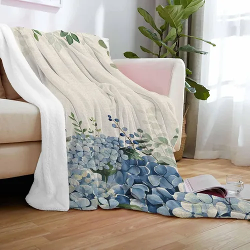 Vista 5 de Super Soft Flannel Fleece Blanket, Farmhouse Eucalyptus Blue Hydrangea Plants Linen Lightweight Blankets, Cozy Microfiber Plush Throw Blankets for