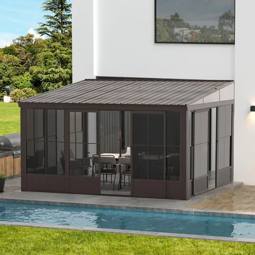 Vista 10 de Domi - Cenador adosado de 12' x 14' con marco de aluminio, cenador montado en la pared con techo rígido de acero galvanizado inclinado con cortinas