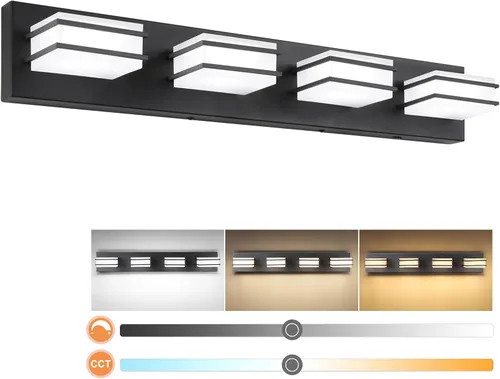 Vista 17 de 3 lámparas de baño regulables de temperatura de color para sobre espejo, lámparas de tocador LED cromadas de 3 luces, lámparas de tocador de baño