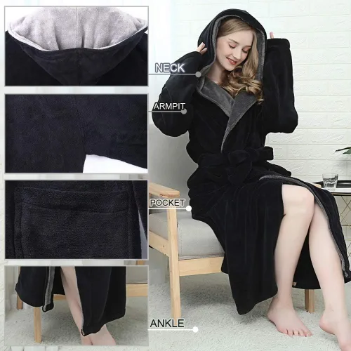 Vista 5 de KEMUSI Bata de baño tipo kimono largo con capucha para mujer, diseño de espiga, cómodo camisón cálido de longitud completa