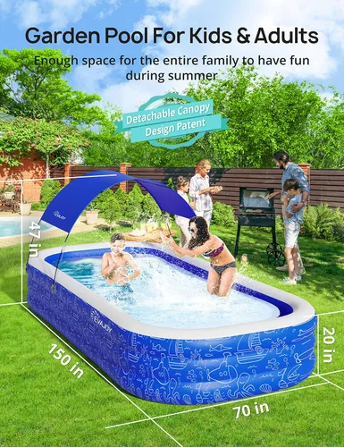 Vista 3 de Piscina inflable grande con toldo, 150 x 70 x 20 pulgadas, piscina inflable de tamaño completo para niños y adultos, piscina infantil con sombrilla