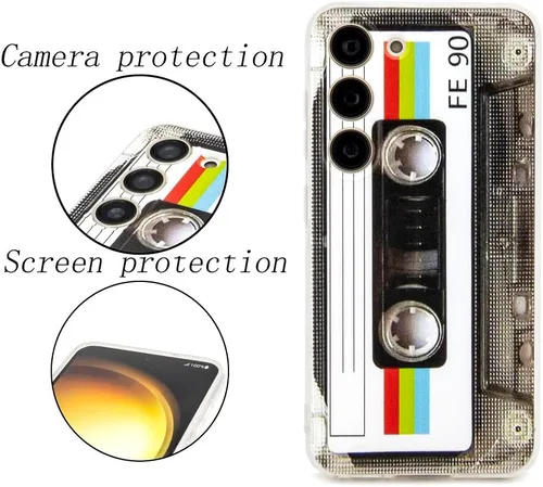 Vista 2 de FAteamll Funda para Galaxy S23 con esquinas reforzadas TPU suave parachoques retro cassette cinta caso compatible con Samsung Galaxy S23