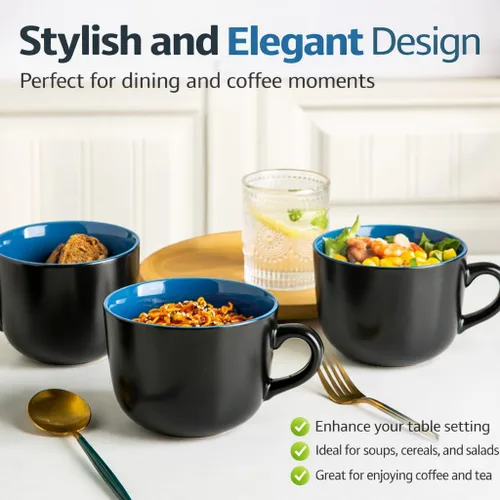Vista 7 de GBHOME Tazas de sopa jumbo con asas, juego de 4 tazas de café grandes de 24 onzas, cuencos de sopa de cerámica para café, cereales, aperitivos