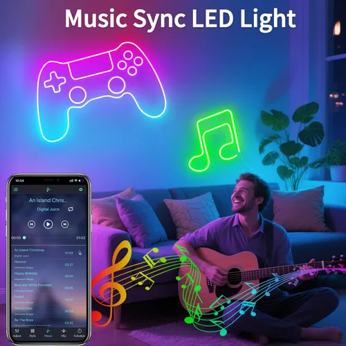 Vista 3 de Tira de luces LED de neón, tira de luces LED alimentada por USB de 3.3 pies, tira de luces de cuerda LED de 5V con sincronización de música y cambio