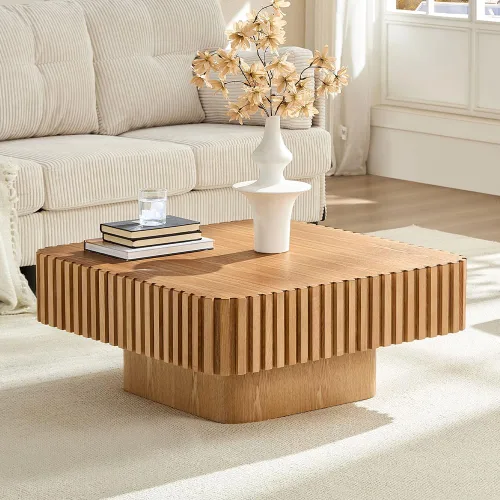 Vista 21 de WILLIAMSPACE Mesa de Café Redonda de 35.43" con Tablero de Piedra Sintética, Mesa Central Circular de Madera Moderna de Estilo Granja para la Sala