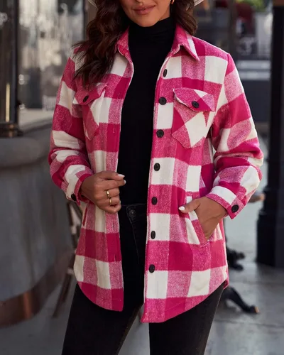 Vista 5 de luvamia Chaquetas a cuadros para mujer, de franela, acolchadas, de gran tamaño, con botones