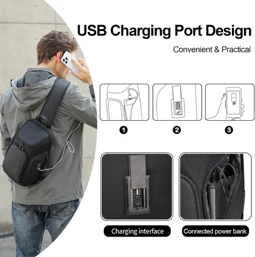 Vista 4 de FENRUIEN Bolsa bandolera negra, bolsa cruzada grande para tableta de 11 pulgadas con USB, mochila bandolera de hombro para hombre, mochila casual