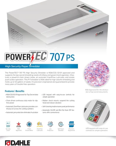 Vista 6 de Dahle PowerTEC 707 PS Paper Shredder, P-7 Super Micro Cut, NSA/CSS 02-01 for Top-Secret Documents, Jam Protection, Auto Oiler, 3.5 HP, 11 Sheet Max
