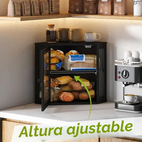 Vista 5 de Caja de pan de esquina BMOSU para encimera de cocina de doble capa de bambú contenedor de pan de madera de gran capacidad (negro, mediano)