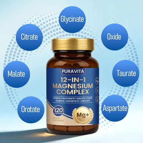 Vista 4 de Puravita Complejo 12 en 1 de magnesio, magnesio 12 en 1, para mujeres y hombres con glicinato, citrato, malato, óxido, taurat y más para apoyo