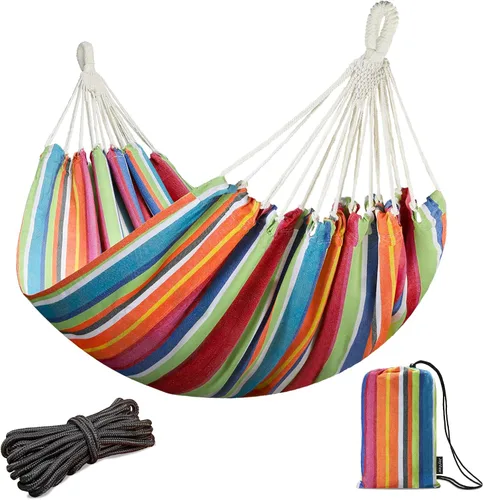 Vista 13 de JoyView Hamaca doble brasileña con cuerdas colgantes, extragrande de 86.6x59" hamaca portátil de algodón para patio, jardín, porche, capacidad