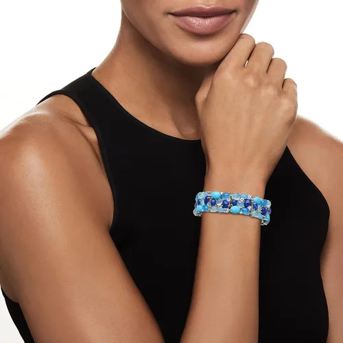 Vista 2 de Ross-Simons 61.30 ct. t.w. White and Tonal Blue Multi-Gemstone Cluster Bracelet in Sterling Silver