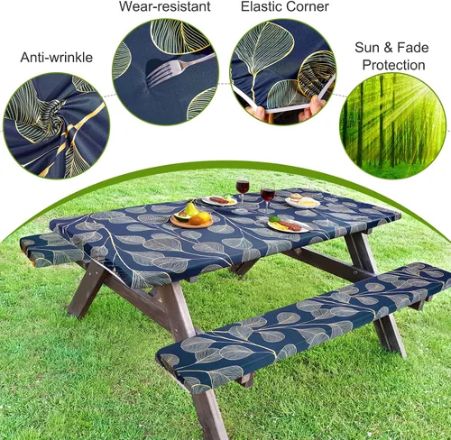 Vista 5 de ICOSY Mantel de picnic con fundas de banco de 30 x 72 pulgadas, resistente al viento, mantel rectangular ajustable para mesas de 6 pies, accesorios