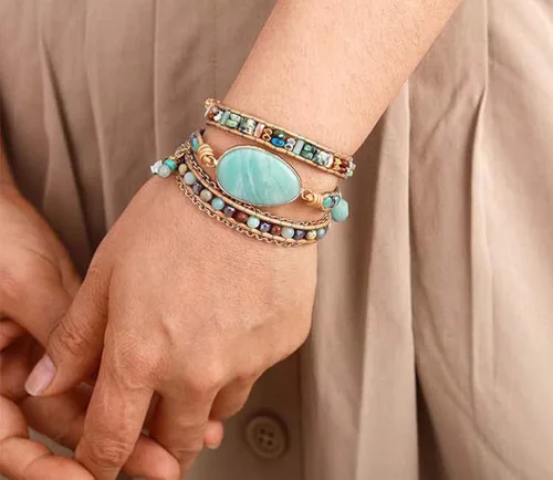 Vista 5 de ZOSOJONA Pulsera envolvente para mujer, estilo bohemio, con cuentas de cristal de jaspe natural, Cuero, Ágata