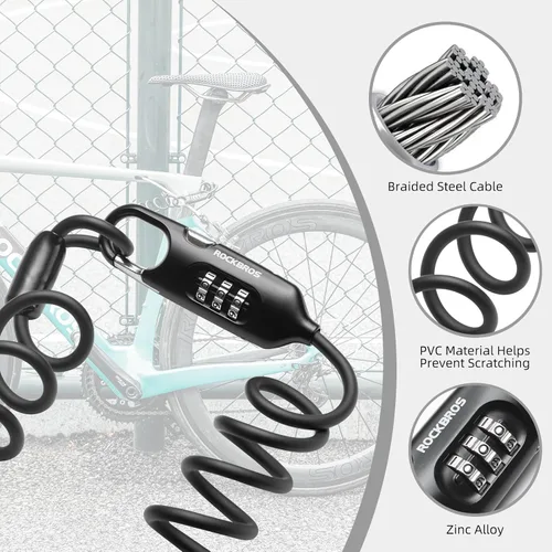 Vista 2 de ROCKBROS Cerradura de combinación de cable de bloqueo de bicicleta 6FT antirrobo para casco de bicicleta