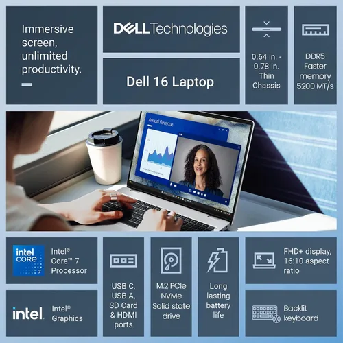 Vista 3 de Dell 2026 16 Laptop Touchscreen Computer, 16" FHD+ Touch Screen Business Laptop PC, Intel Core 7 (10-Core, >i7-1355U), 16GB DDR5 1TB SSD Windows 11